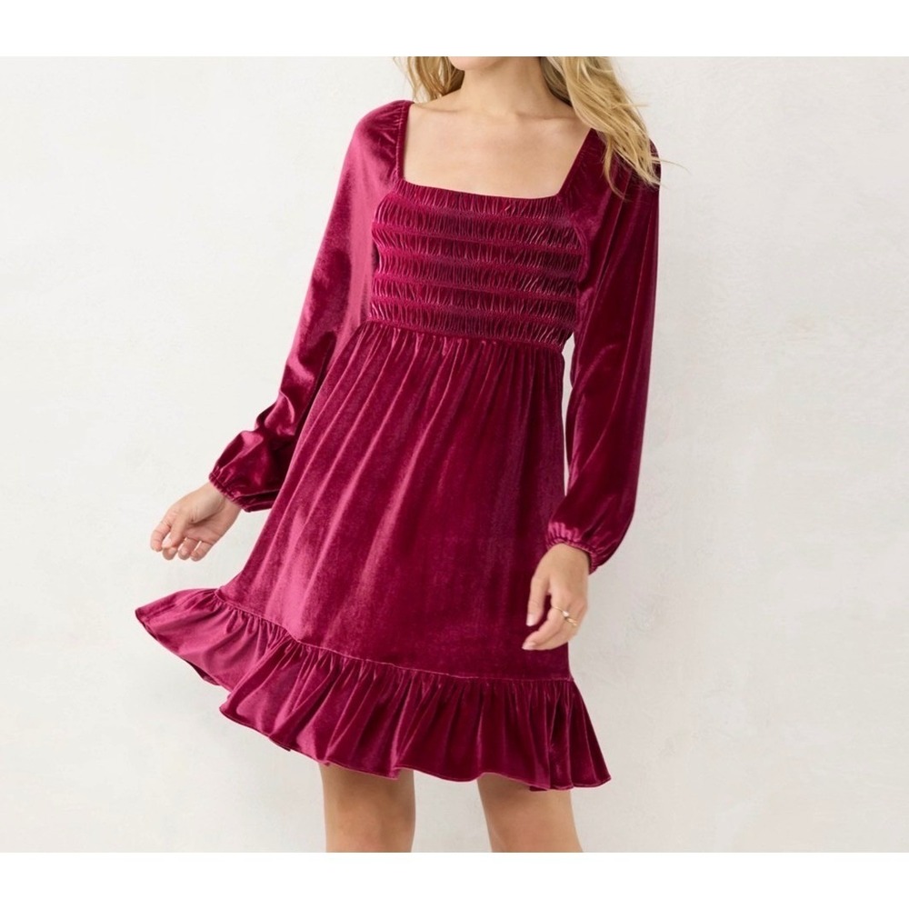 Burgundy Velvet Smocked Mini Dress whimsi goth boho dainty grunge  M Wine Ruffle